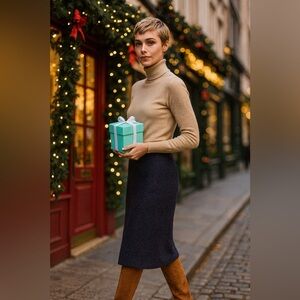 NWT Anthropologie Navy Boucle Pencil Skirt with Back Slit & Hidden Zipper Size 2